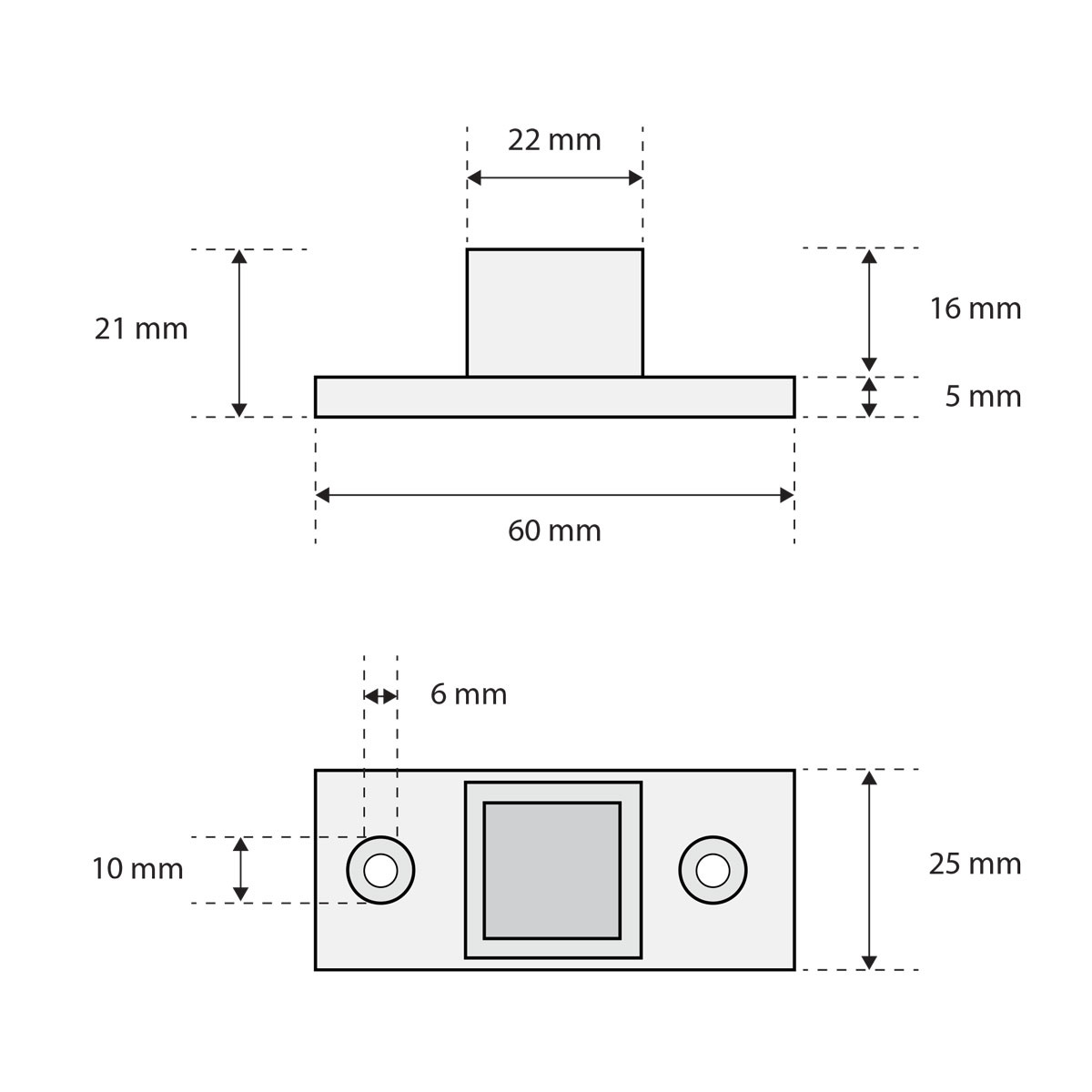 Vierkantrohr Flansch mit Zapfen Kunststoff - Verbinder für 25 x 25 mm Rohr vierkant online kaufen - Technische Zeichnung / Maße